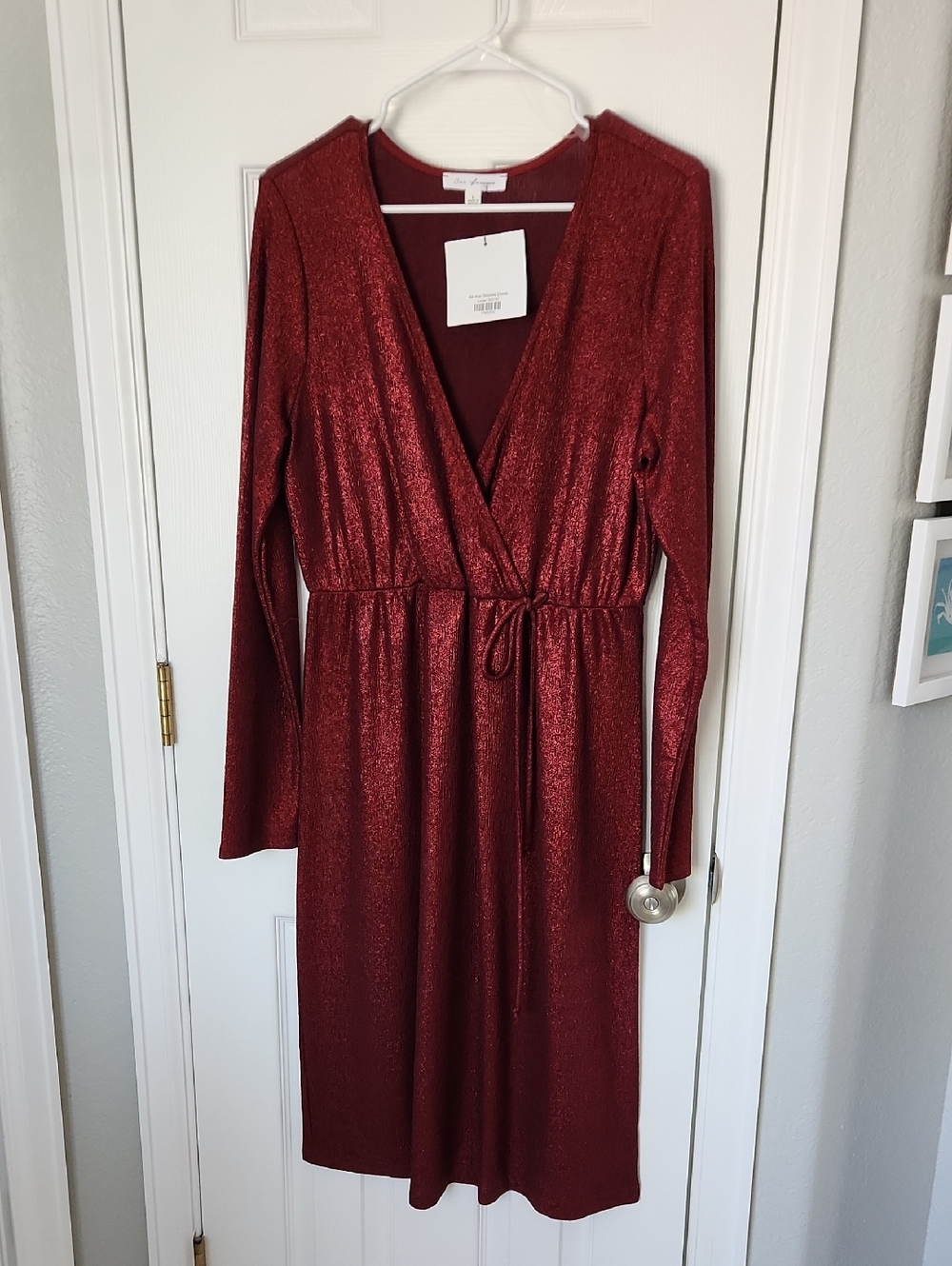 Long Sleeve Red Wrap Dress with Tie Waist